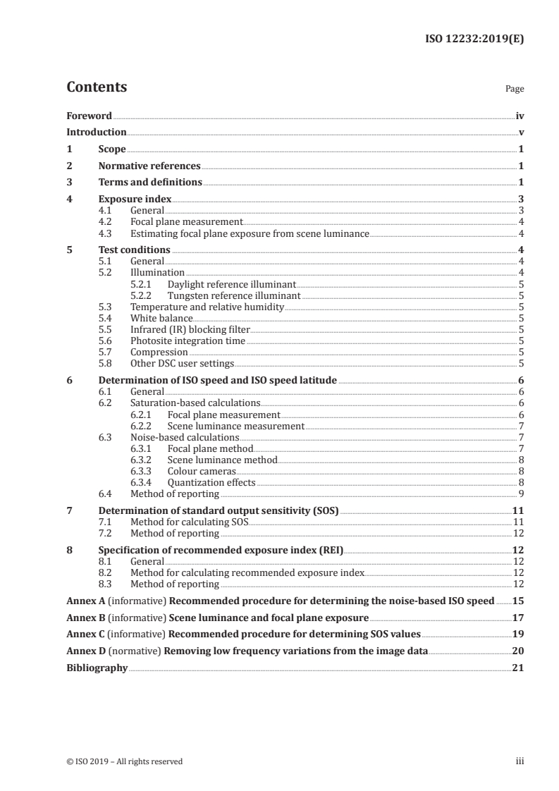 ISO 12232:2019 ISO 12232:2019 - Photography — Digital still cameras — Determination of exposure index, ISO speed ratings, standard output sensitivity, and recommended exposure index/1/2019 - Page 3 preview
