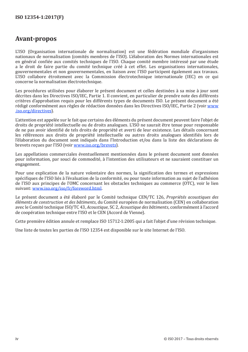 ISO 12354-1:2017 ISO 12354-1:2017 - Acoustique du bâtiment — Calcul de la performance acoustique des bâtiments à partir de la performance des éléments — Partie 1: Isolement acoustique aux bruits aériens entre des locaux/17/2017 - Page 4 preview