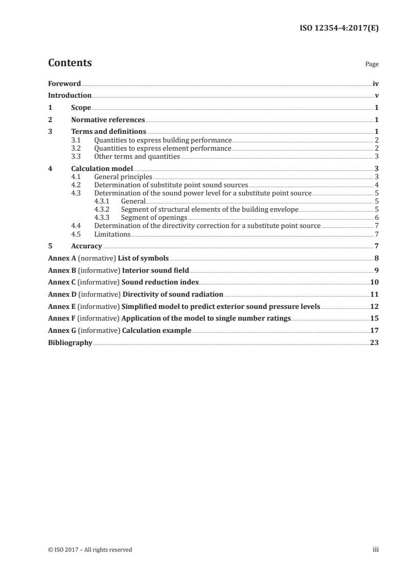 ISO 12354-4:2017 ISO 12354-4:2017 - Building acoustics — Estimation of acoustic performance of buildings from the performance of elements — Part 4: Transmission of indoor sound to the outside/18/2017 - Page 3 preview