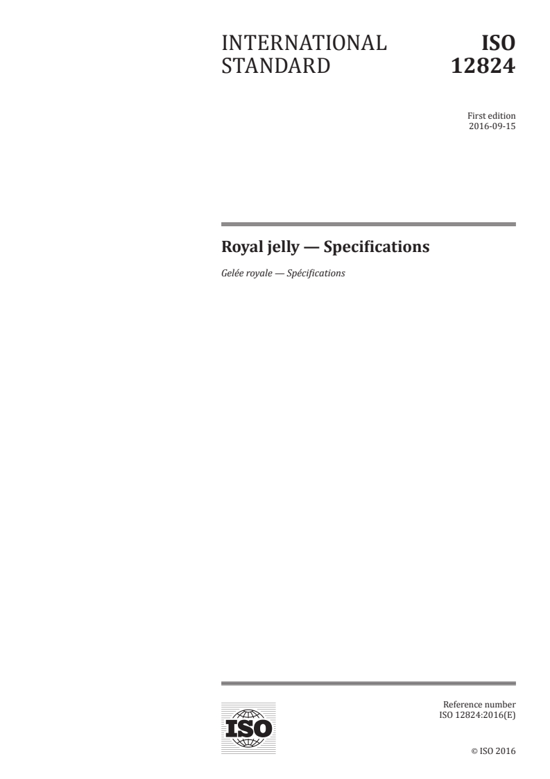 ISO 12824:2016 ISO 12824:2016 - Royal jelly — Specifications/14/2016 - Page 1 preview