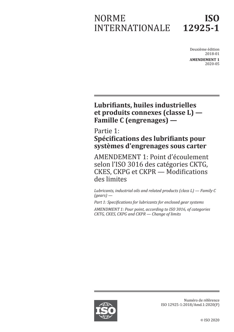 ISO 12925-1:2018/Amd 1:2020 ISO 12925-1:2018/Amd 1:2020 - Lubrifiants, huiles industrielles et produits connexes (classe L) — Famille C (engrenages) — Partie 1: Spécifications des lubrifiants pour systèmes d'engrenages sous carter — Amendement 1: Point d’écoulement selon l’ISO 3016 des catégories CKTG, CKES, CKPG et CKPR — Modifications des limites
Released:5/29/2020 - Page 1 preview