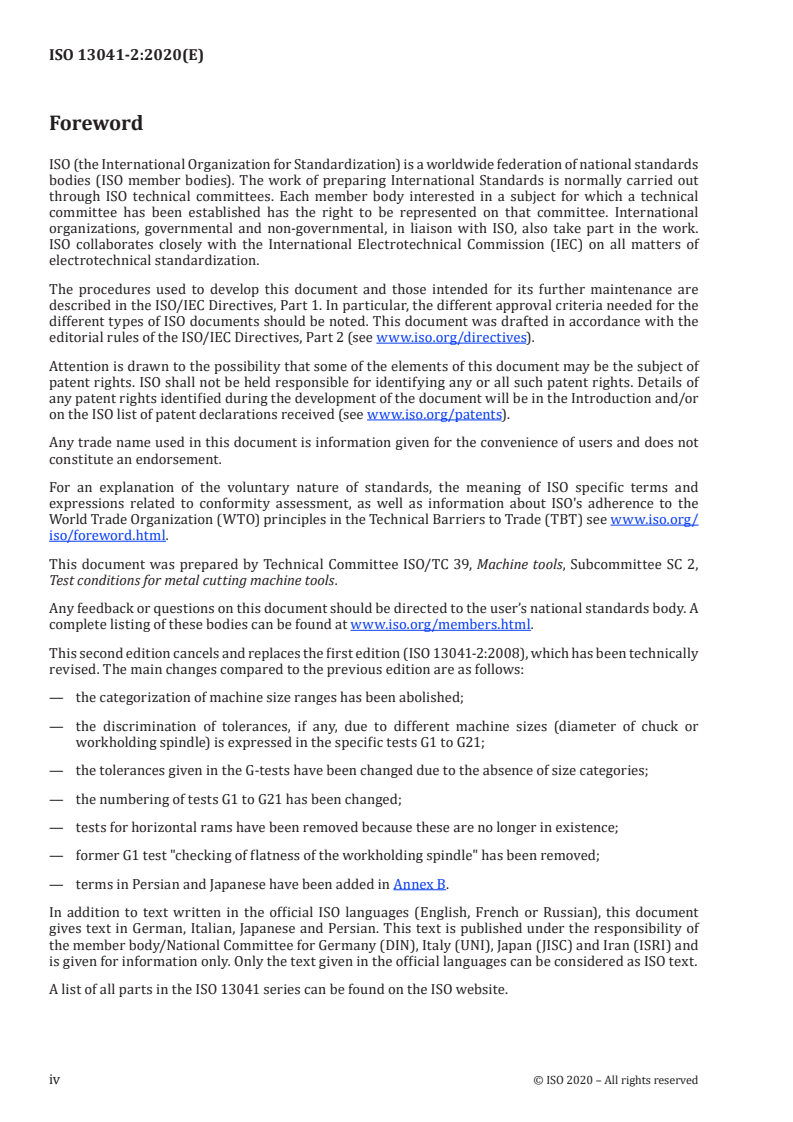 ISO 13041-2:2020 ISO 13041-2:2020 - Test conditions for numerically controlled turning machines and turning centres — Part 2: Geometric tests for machines with a vertical workholding spindle/25/2020 - Page 4 preview