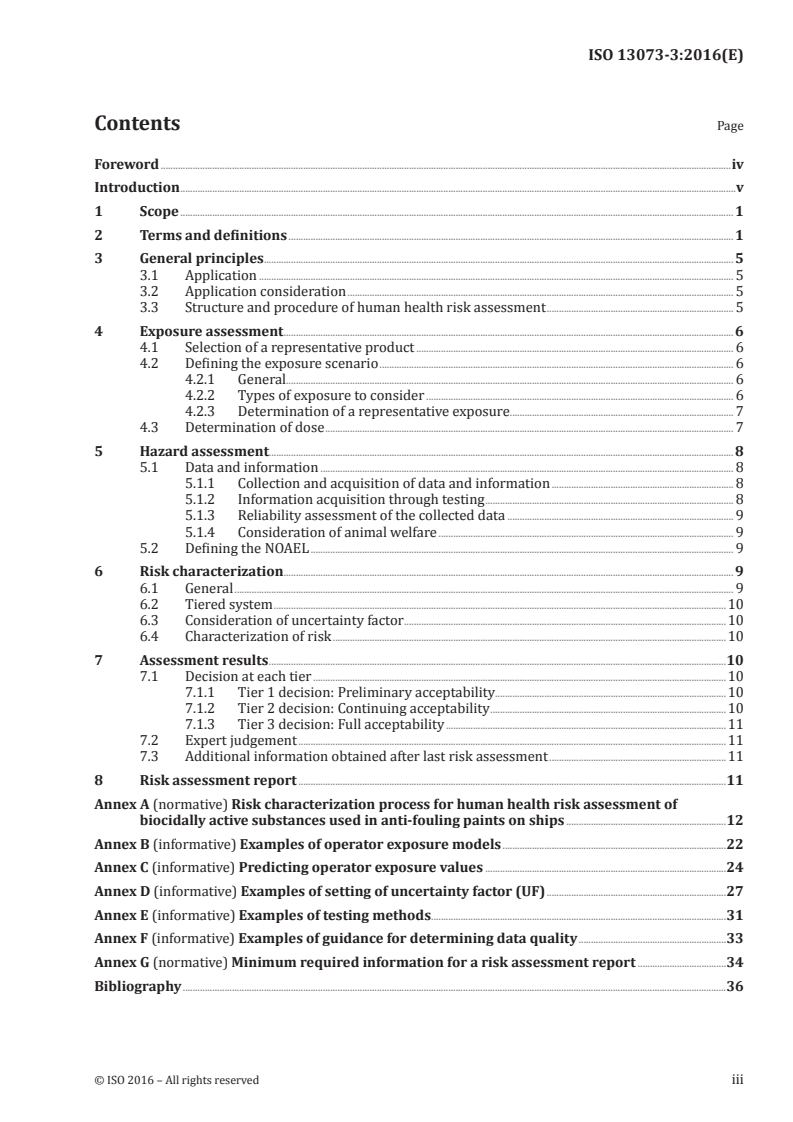 ISO 13073-3:2016 ISO 13073-3:2016 - Ships and marine technology — Risk assessment on anti-fouling systems on ships — Part 3: Human health risk assessment method of biocidally active substances used in anti-fouling paints on ships during the application and removal processes/2/2016 - Page 3 preview