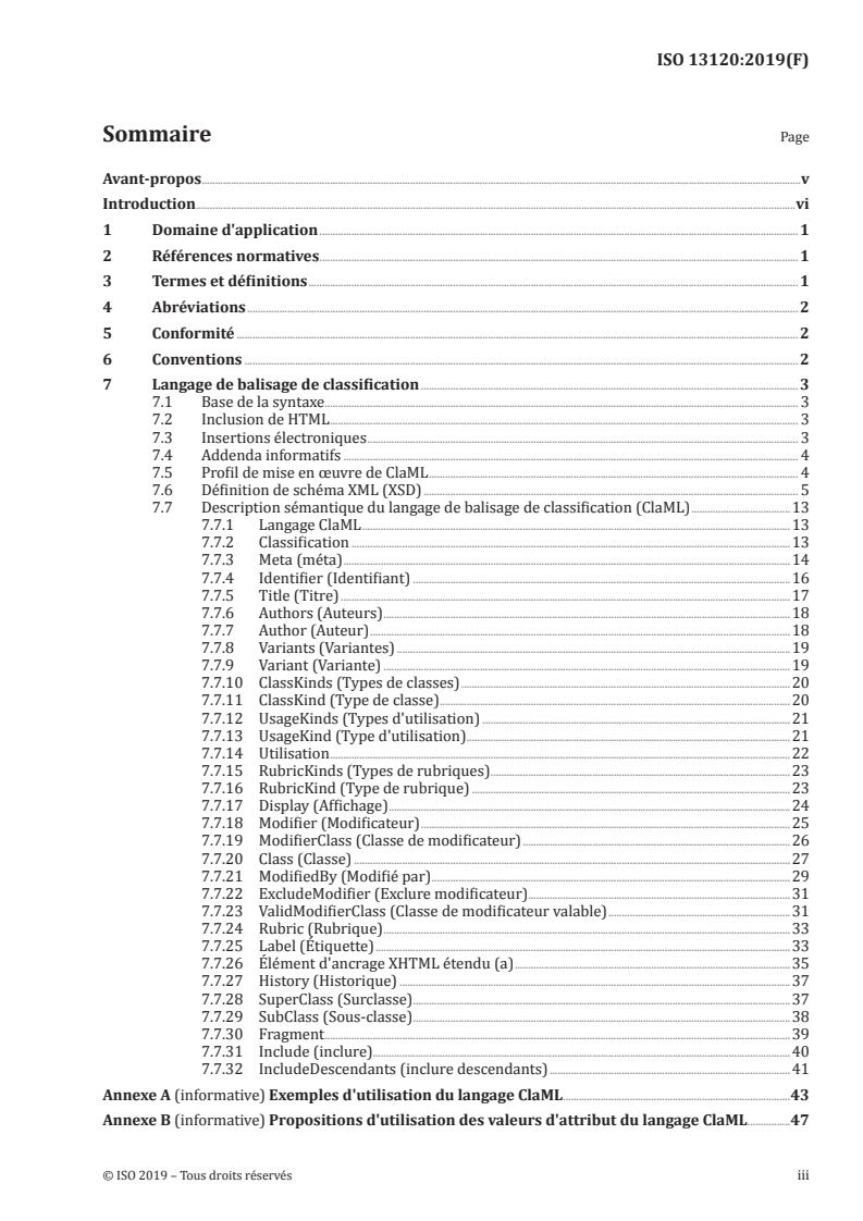 ISO 13120:2019 ISO 13120:2019 - Informatique de santé — Syntaxe de représentation du contenu des systèmes de classification des soins de santé — Langage de balisage de la classification (ClaML)/26/2019 - Page 3 preview