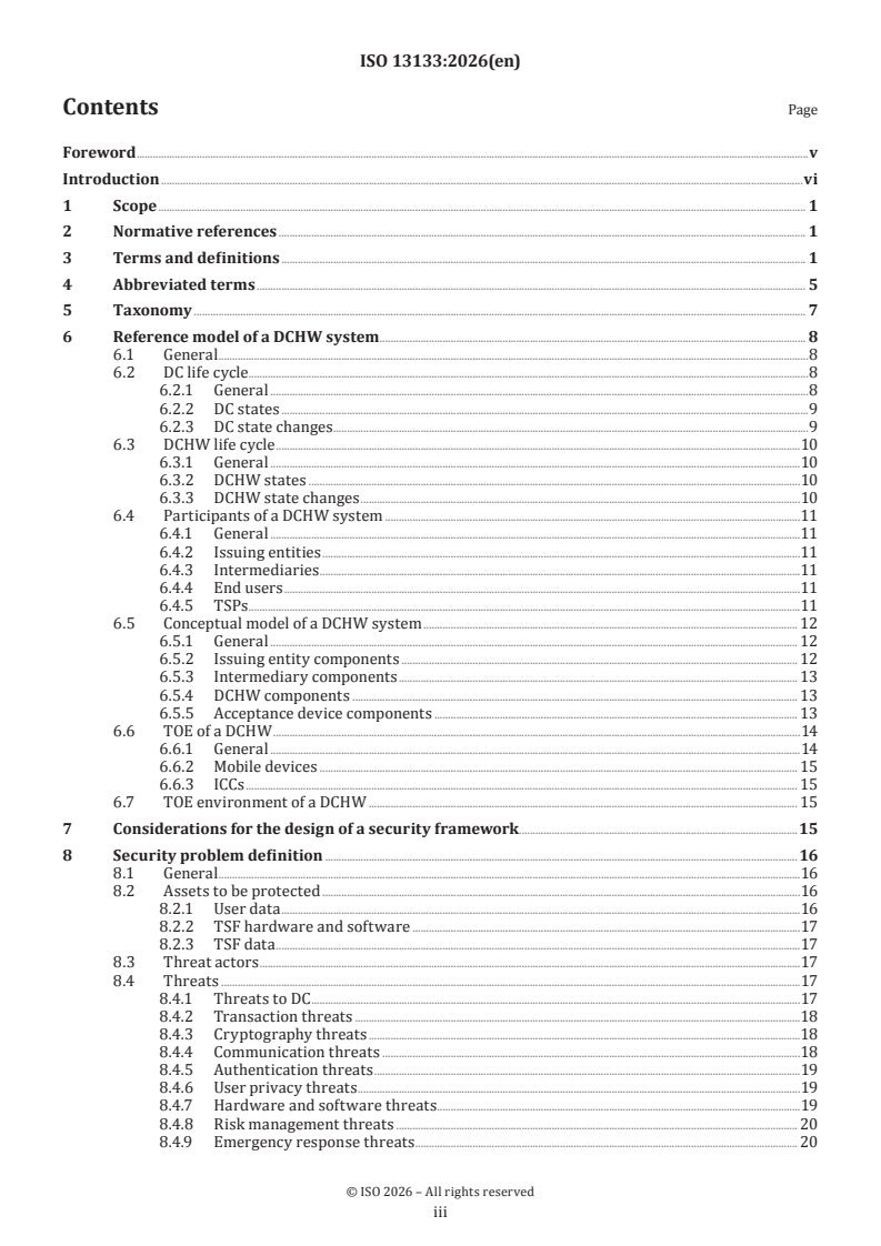 ISO 13133:2026 ISO 13133:2026 - Financial services — Security reference model for digital currency hardware wallet (SRM-DCHW) - Page 3 preview