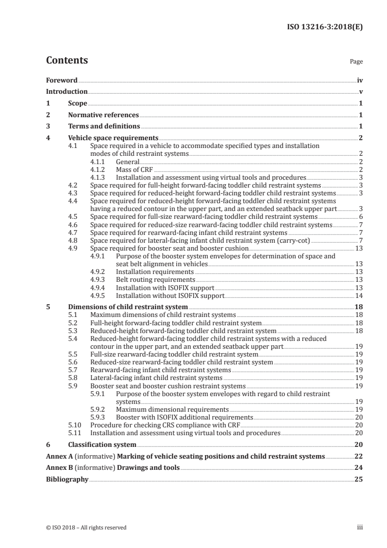 ISO 13216-3:2018 ISO 13216-3:2018 - Road vehicles — Anchorages in vehicles and attachments to anchorages for child restraint systems — Part 3: Classification of child restraint system and space in vehicle/18/2018 - Page 3 preview