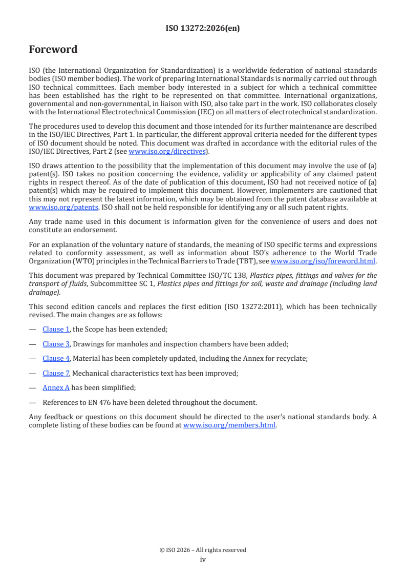ISO 13272:2026 ISO 13272:2026 - Plastics piping systems for non-pressure underground drains and sewers — Unplasticized poly(vinyl chloride) (PVC-U), polypropylene (PP), polypropylene with mineral modifiers (PP-MD) and polyethylene (PE) — Specifications for manholes and inspection chambers in traffic areas and underground installations - Page 4 preview