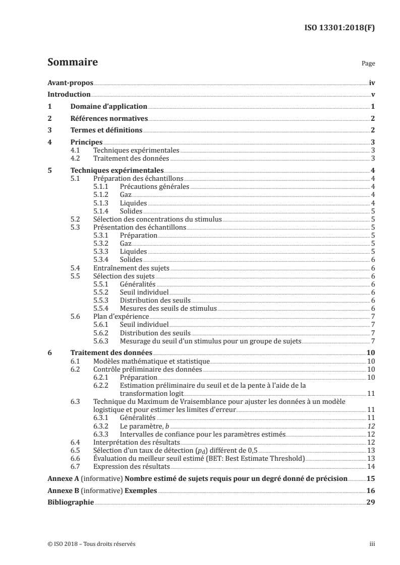 ISO 13301:2018 ISO 13301:2018 - Analyse sensorielle — Méthodologie — Recommandations générales pour le mesurage des seuils de détection d'odeur, de flaveur et de goût par une technique à choix forcé de 1 parmi 3 (3-AFC)/24/2018 - Page 3 preview