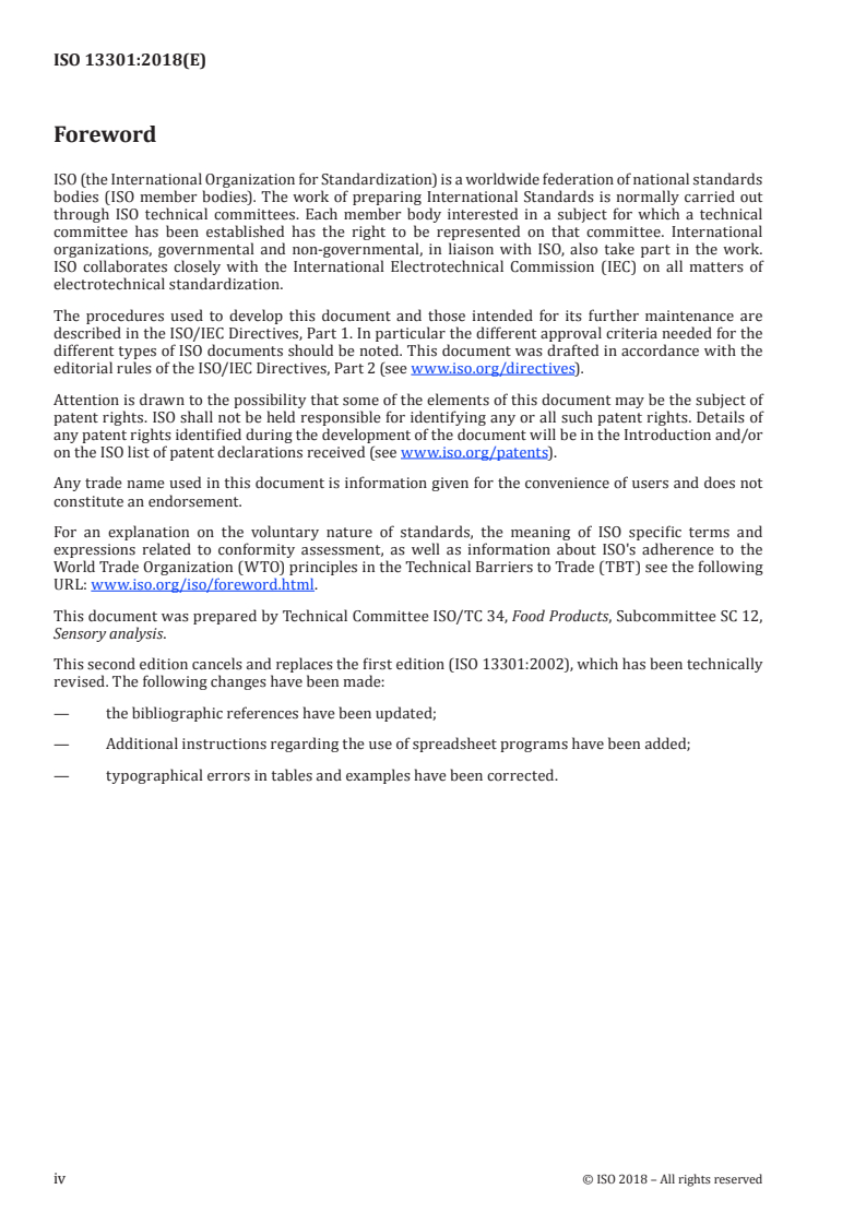 ISO 13301:2018 ISO 13301:2018 - Sensory analysis — Methodology — General guidance for measuring odour, flavour and taste detection thresholds by a three-alternative forced-choice (3-AFC) procedure/24/2018 - Page 4 preview