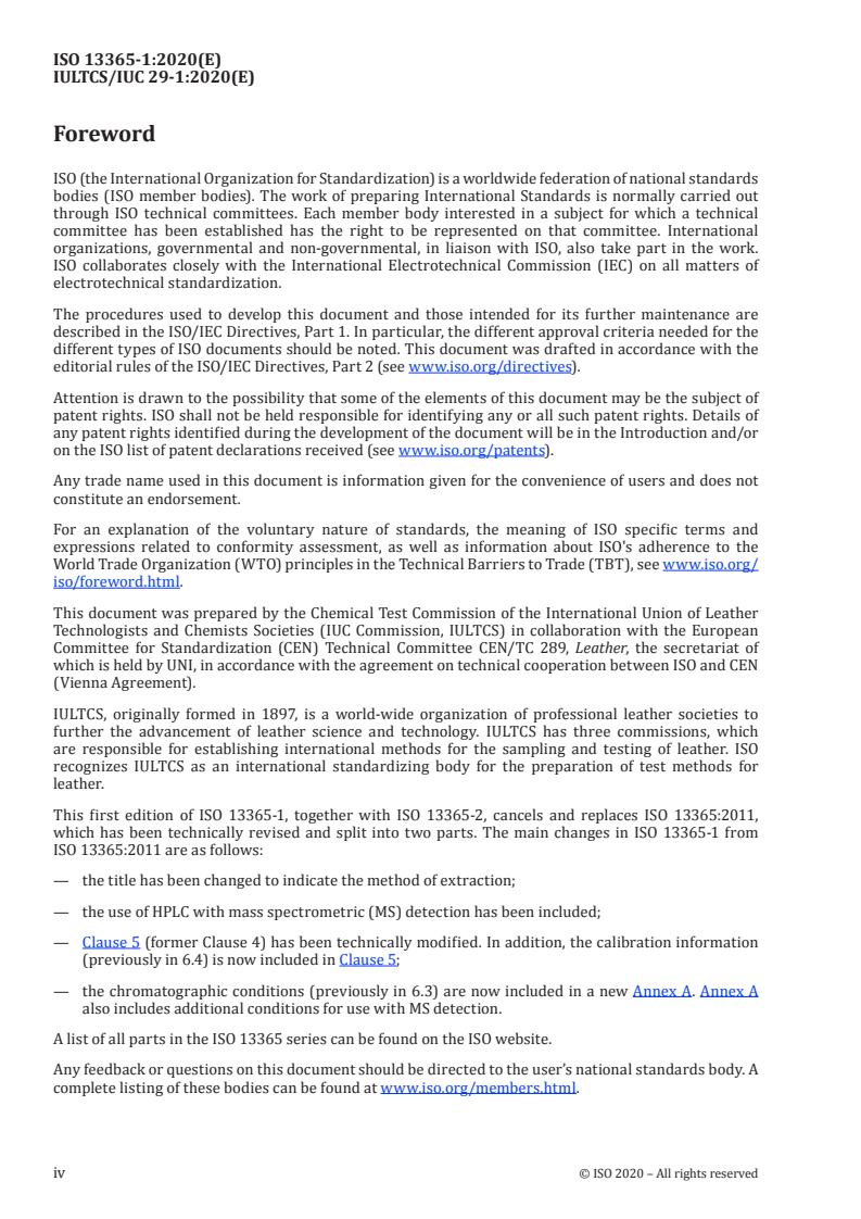 ISO 13365-1:2020 ISO 13365-1:2020 - Leather — Chemical determination of the preservative (TCMTB, PCMC, OPP, OIT) content in leather by liquid chromatography — Part 1: Acetonitrile extraction method/31/2020 - Page 4 preview