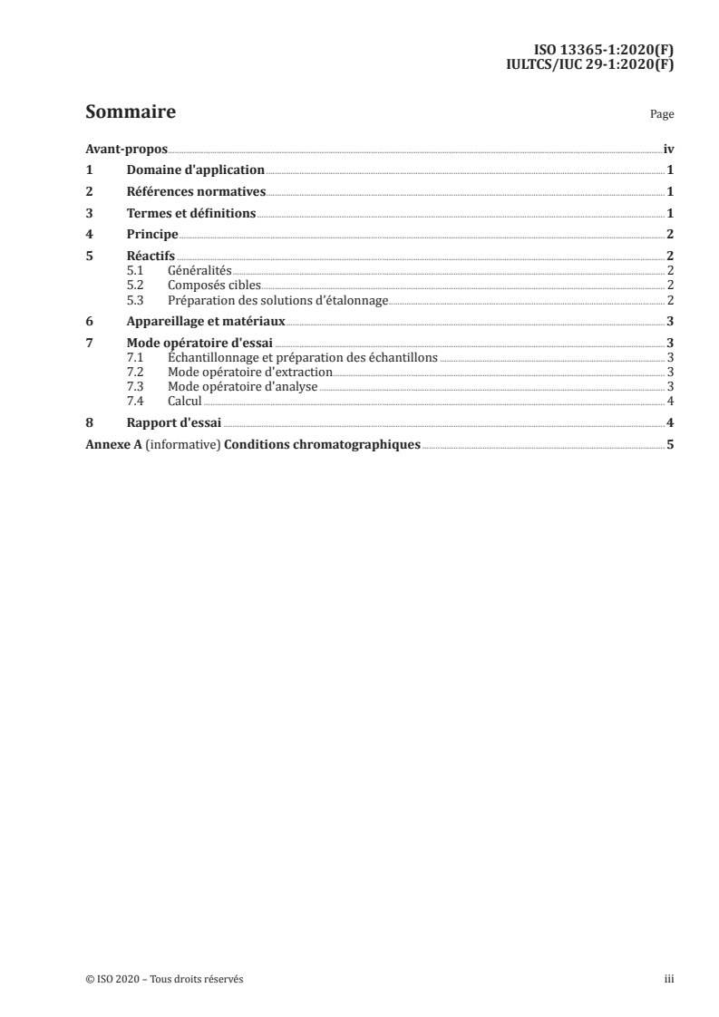 ISO 13365-1:2020 ISO 13365-1:2020 - Cuir — Dosage chimique des agents de conservation (TCMTB, PCMC, OPP, OIT) dans le cuir par chromatographie en phase liquide — Partie 1: Extraction à l’acétonitrile/22/2021 - Page 3 preview