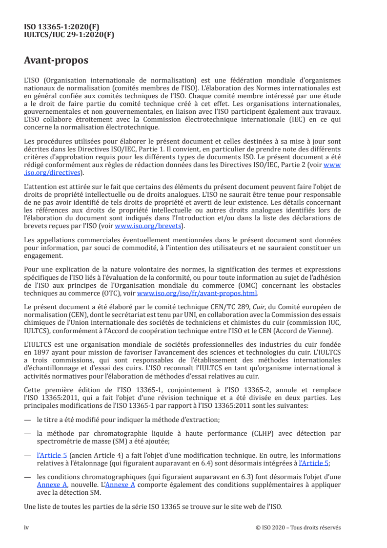 ISO 13365-1:2020 ISO 13365-1:2020 - Cuir — Dosage chimique des agents de conservation (TCMTB, PCMC, OPP, OIT) dans le cuir par chromatographie en phase liquide — Partie 1: Extraction à l’acétonitrile/22/2021 - Page 4 preview