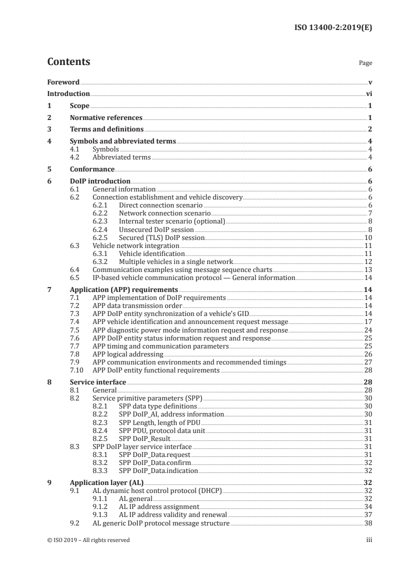 ISO 13400-2:2019 ISO 13400-2:2019 - Road vehicles — Diagnostic communication over Internet Protocol (DoIP) — Part 2: Transport protocol and network layer services/13/2019 - Page 3 preview