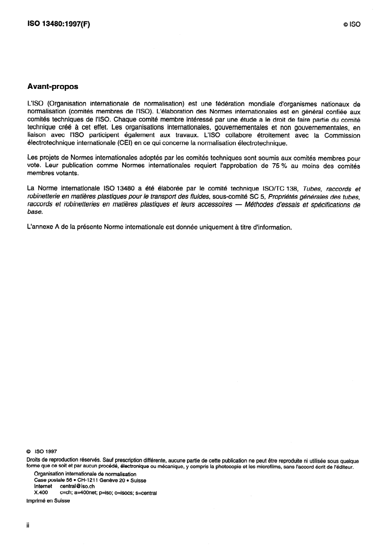 ISO 13480:1997 ISO 13480:1997 - Tubes en polyéthylène — Résistance à la propagation lente des fissures — Méthode d'essai avec le cône/11/1997 - Page 2 preview