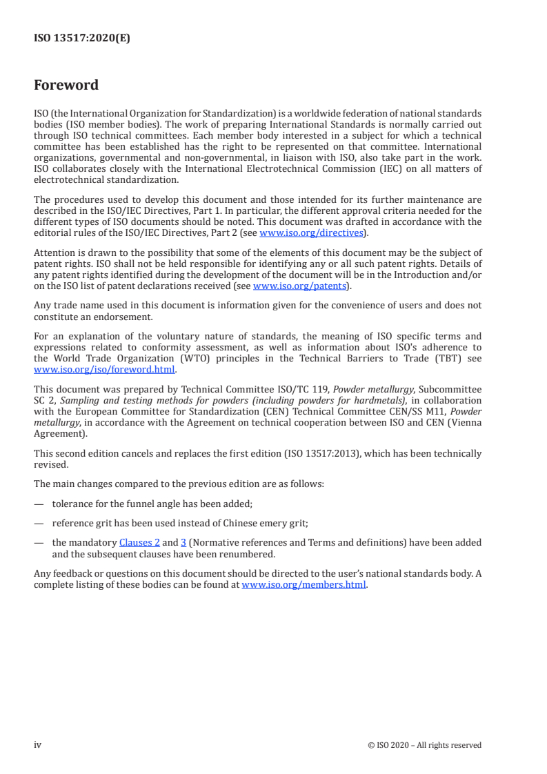 ISO 13517:2020 ISO 13517:2020 - Metallic powders — Determination of flow rate by means of a calibrated funnel (Gustavsson flowmeter)/30/2020 - Page 4 preview