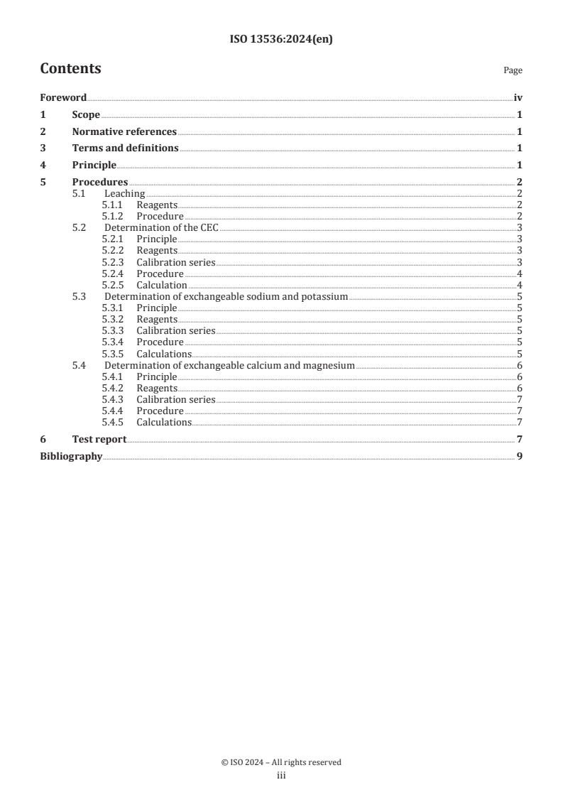 ISO 13536:2024 ISO 13536:2024 - Soil quality — Determination of the potential cation exchange capacity and exchangeable cations using barium chloride solution buffered at pH = 8,1 - Page 3 preview
