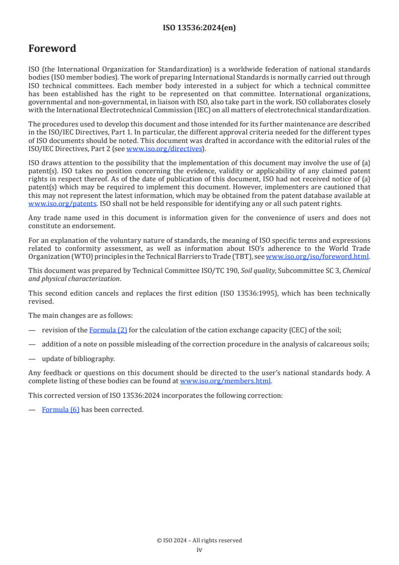 ISO 13536:2024 ISO 13536:2024 - Soil quality — Determination of the potential cation exchange capacity and exchangeable cations using barium chloride solution buffered at pH = 8,1 - Page 4 preview