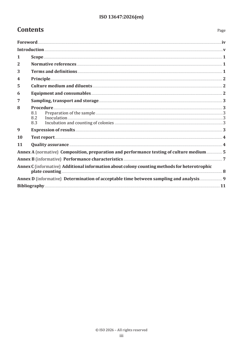 ISO 13647:2026 ISO 13647:2026 - Water quality — Enumeration of culturable microorganisms — Colony count by spread plate inoculation on R2A medium - Page 3 preview