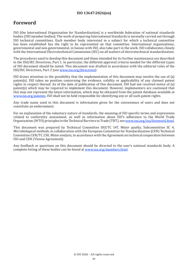 ISO 13647:2026 ISO 13647:2026 - Water quality — Enumeration of culturable microorganisms — Colony count by spread plate inoculation on R2A medium - Page 4 preview