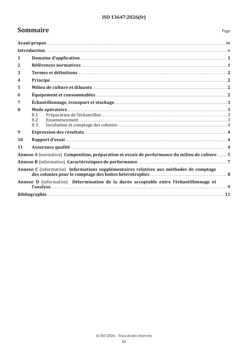 ISO 13647:2026 ISO 13647:2026 - Qualité de l'eau — Dénombrement des micro-organismes revivifiables — Comptage des colonies par ensemencement par étalement sur un milieu gélosé R2A - Page 3 preview
