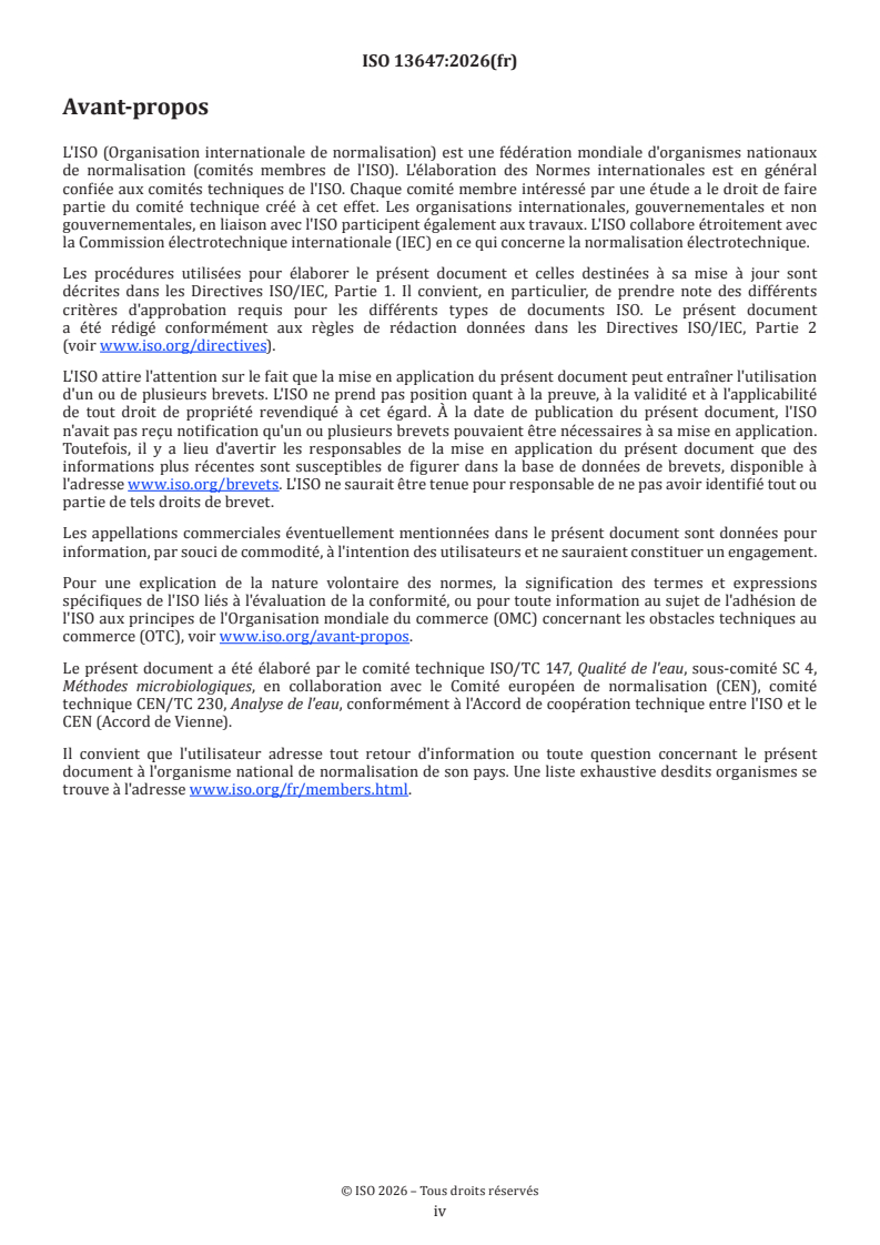 ISO 13647:2026 ISO 13647:2026 - Qualité de l'eau — Dénombrement des micro-organismes revivifiables — Comptage des colonies par ensemencement par étalement sur un milieu gélosé R2A - Page 4 preview