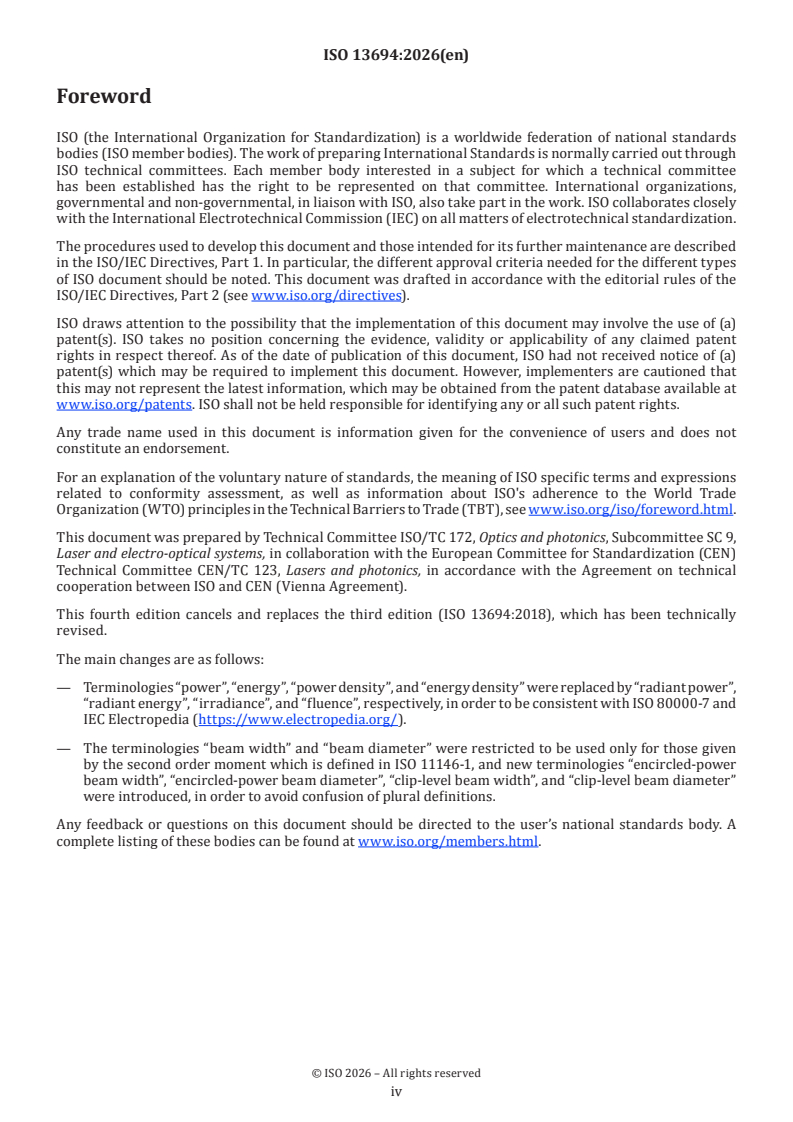 ISO 13694:2026 ISO 13694:2026 - Optics and photonics — Lasers and laser-related equipment — Test methods for laser beam irradiance (fluence) distribution - Page 4 preview