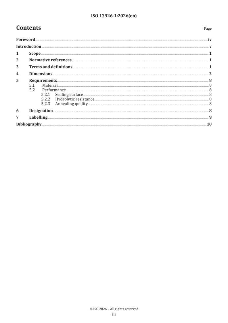 ISO 13926-1:2026 ISO 13926-1:2026 - Cartridge systems — Part 1: Glass cylinders for cartridge-type needle-based injection systems (NIS) for medical use - Page 3 preview