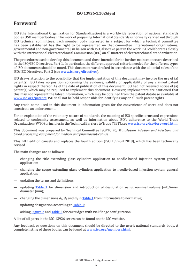 ISO 13926-1:2026 ISO 13926-1:2026 - Cartridge systems — Part 1: Glass cylinders for cartridge-type needle-based injection systems (NIS) for medical use - Page 4 preview