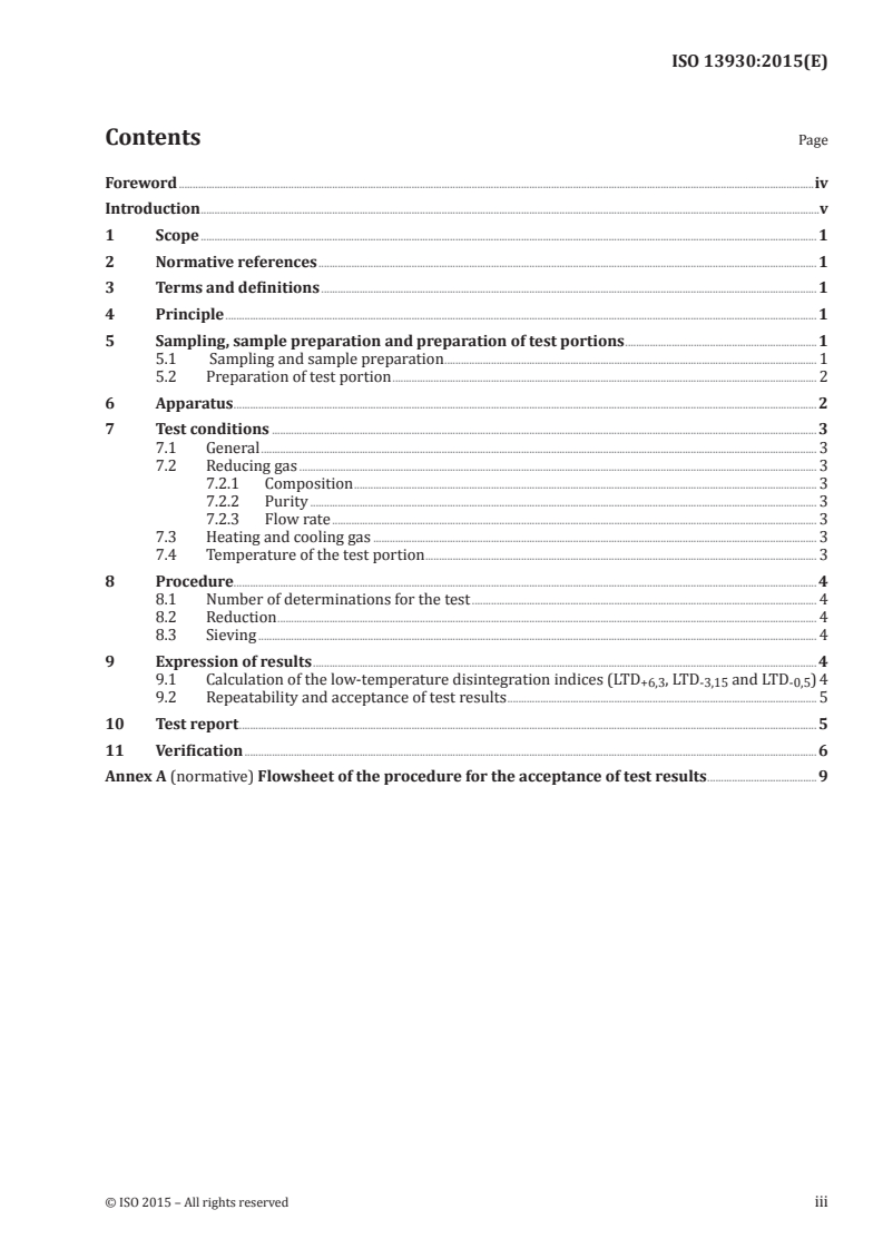 ISO 13930:2015 ISO 13930:2015 - Iron ores for blast furnace feedstocks — Determination of low-temperature reduction-disintegration indices by dynamic method/2/2017 - Page 3 preview