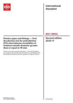 ISO 13954:2025 ISO 13954:2025 - Plastics pipes and fittings — Peel decohesion test for polyethylene (PE) electrofusion assemblies of nominal outside diameter greater than or equal to 90 mm
Released:19. 11. 2025 - Page 1 preview