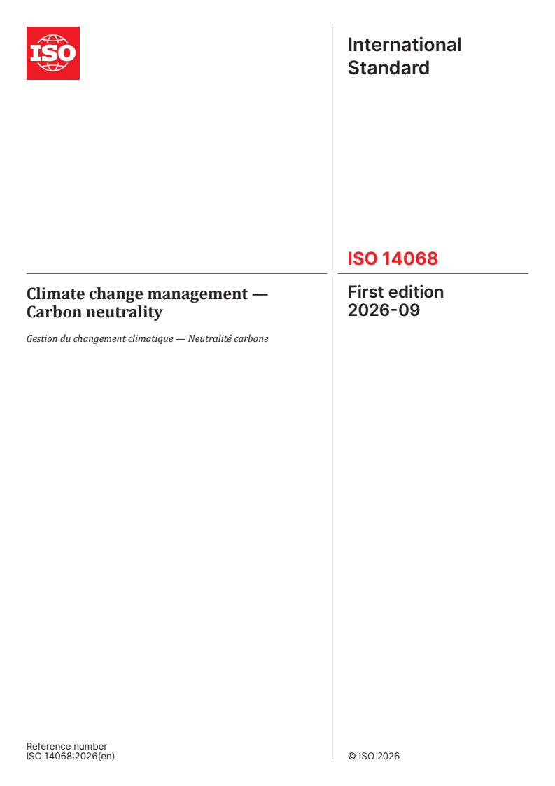 ISO 14068:2026 ISO 14068:2026 - Climate change management — Carbon neutrality - Page 1 preview