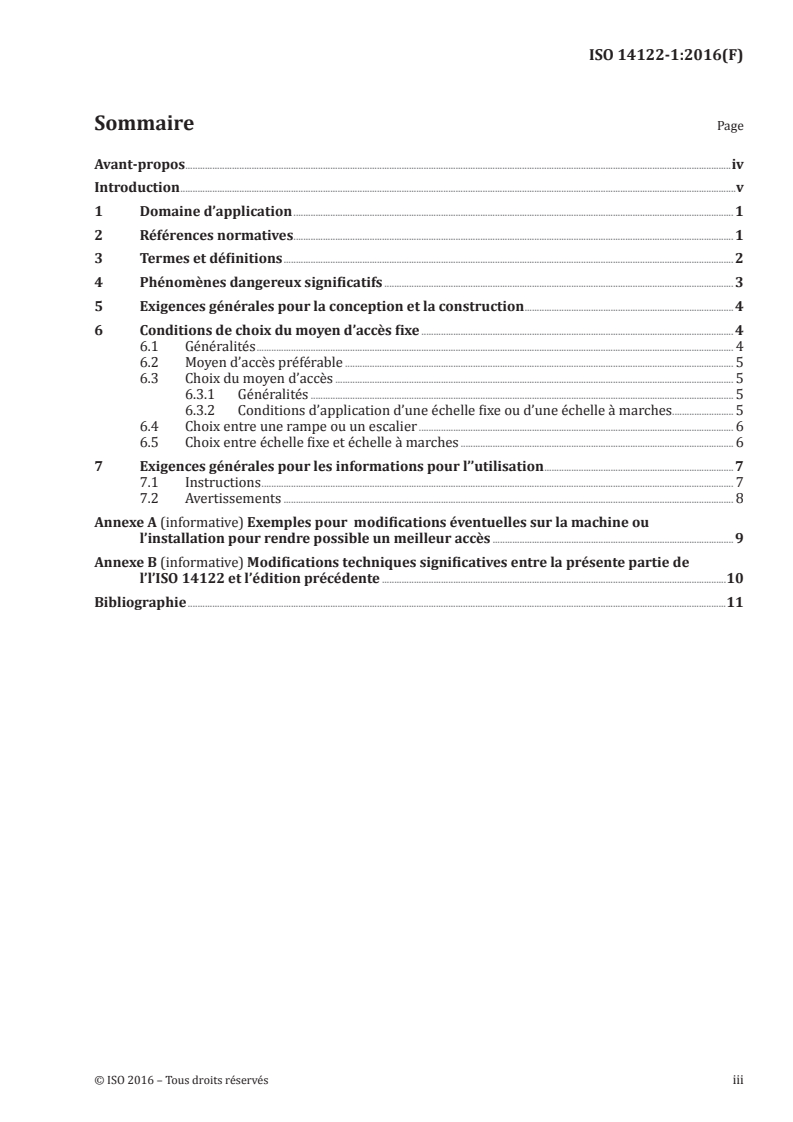 ISO 14122-1:2016 ISO 14122-1:2016 - Sécurité des machines — Moyens d'accès permanents aux machines — Partie 1: Choix d'un moyen d'accès et des exigences générales d'accès/27/2016 - Page 3 preview