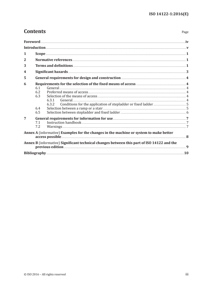 ISO 14122-1:2016 ISO 14122-1:2016 - Safety of machinery — Permanent means of access to machinery — Part 1: Choice of fixed means and general requirements of access/27/2016 - Page 3 preview