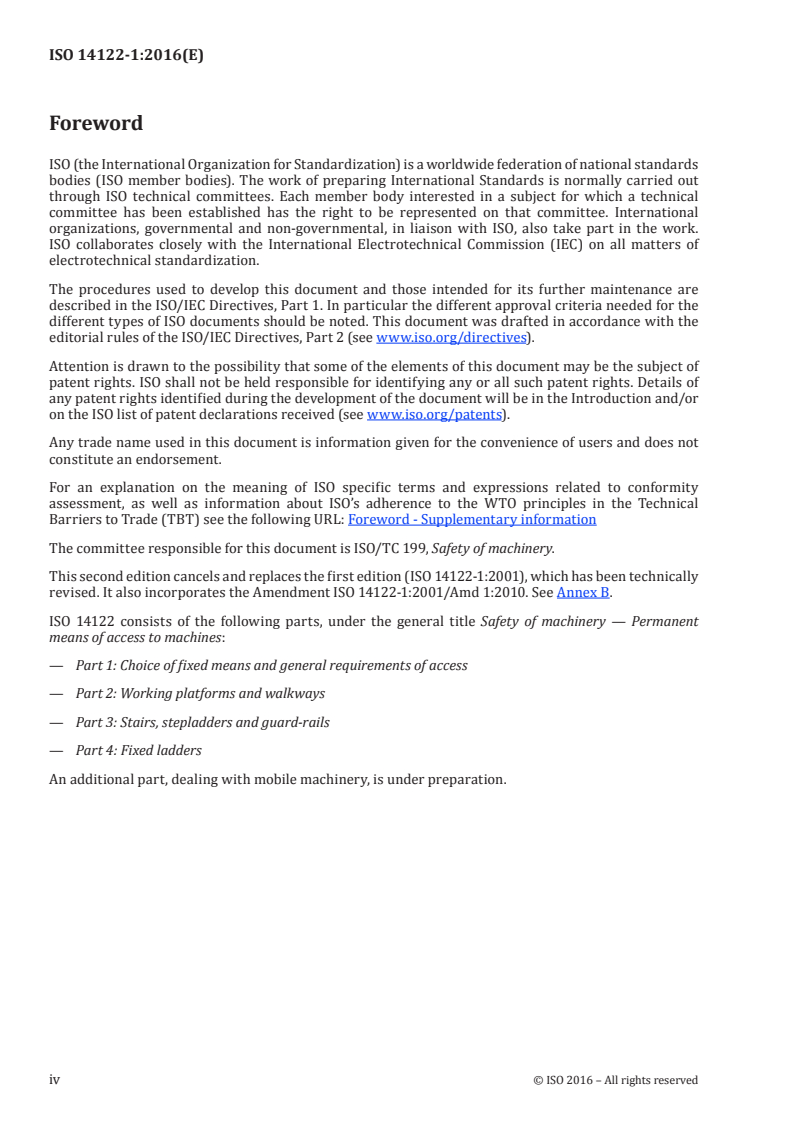 ISO 14122-1:2016 ISO 14122-1:2016 - Safety of machinery — Permanent means of access to machinery — Part 1: Choice of fixed means and general requirements of access/27/2016 - Page 4 preview