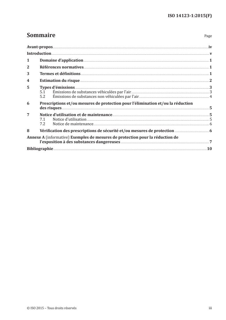 ISO 14123-1:2015 ISO 14123-1:2015 - Sécurité des machines — Réduction des risques pour la santé résultant de substances dangereuses émises par des machines — Partie 1: Principes et spécifications à l'intention des constructeurs de machines/15/2015 - Page 3 preview