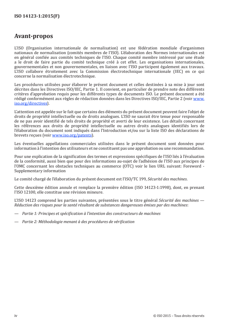 ISO 14123-1:2015 ISO 14123-1:2015 - Sécurité des machines — Réduction des risques pour la santé résultant de substances dangereuses émises par des machines — Partie 1: Principes et spécifications à l'intention des constructeurs de machines/15/2015 - Page 4 preview