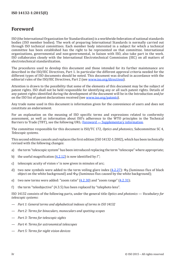 ISO 14132-1:2015 ISO 14132-1:2015 - Optics and photonics — Vocabulary for telescopic systems — Part 1: General terms and alphabetical indexes of terms in ISO 14132/16/2015 - Page 4 preview