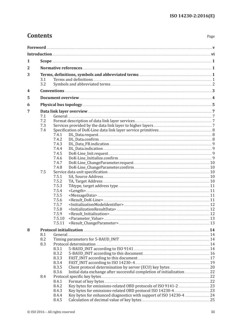 ISO 14230-2:2016 ISO 14230-2:2016 - Road vehicles — Diagnostic communication over K-Line (DoK-Line) — Part 2: Data link layer/5/2016 - Page 3 preview