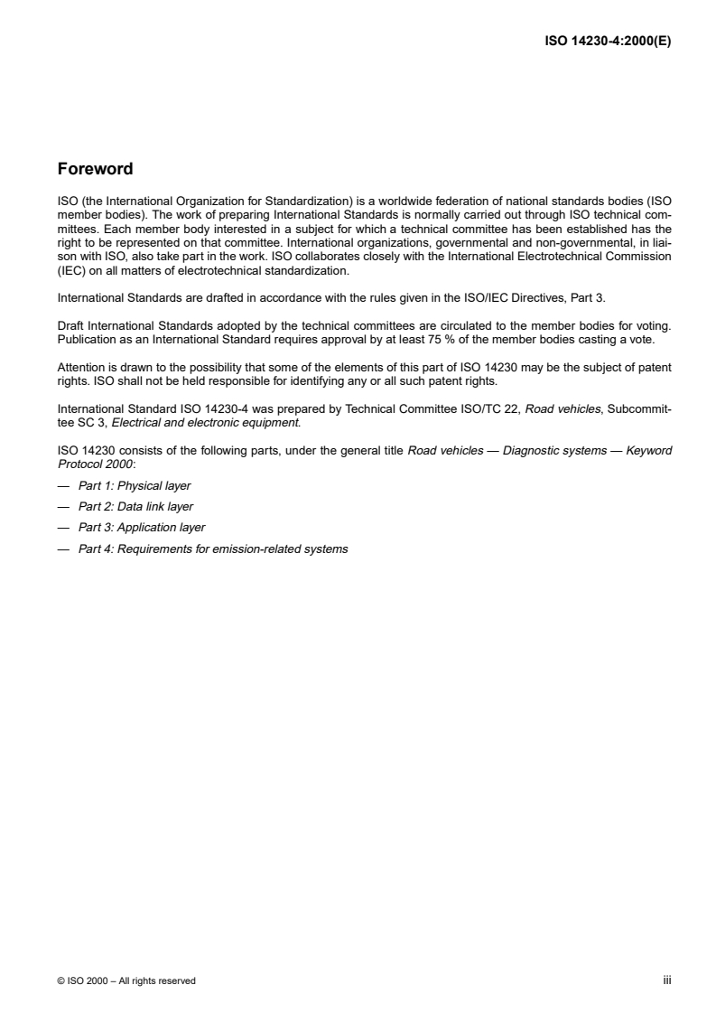 ISO 14230-4:2000 ISO 14230-4:2000 - Road vehicles — Diagnostic systems — Keyword Protocol 2000 — Part 4: Requirements for emission-related systems/8/2000 - Page 3 preview