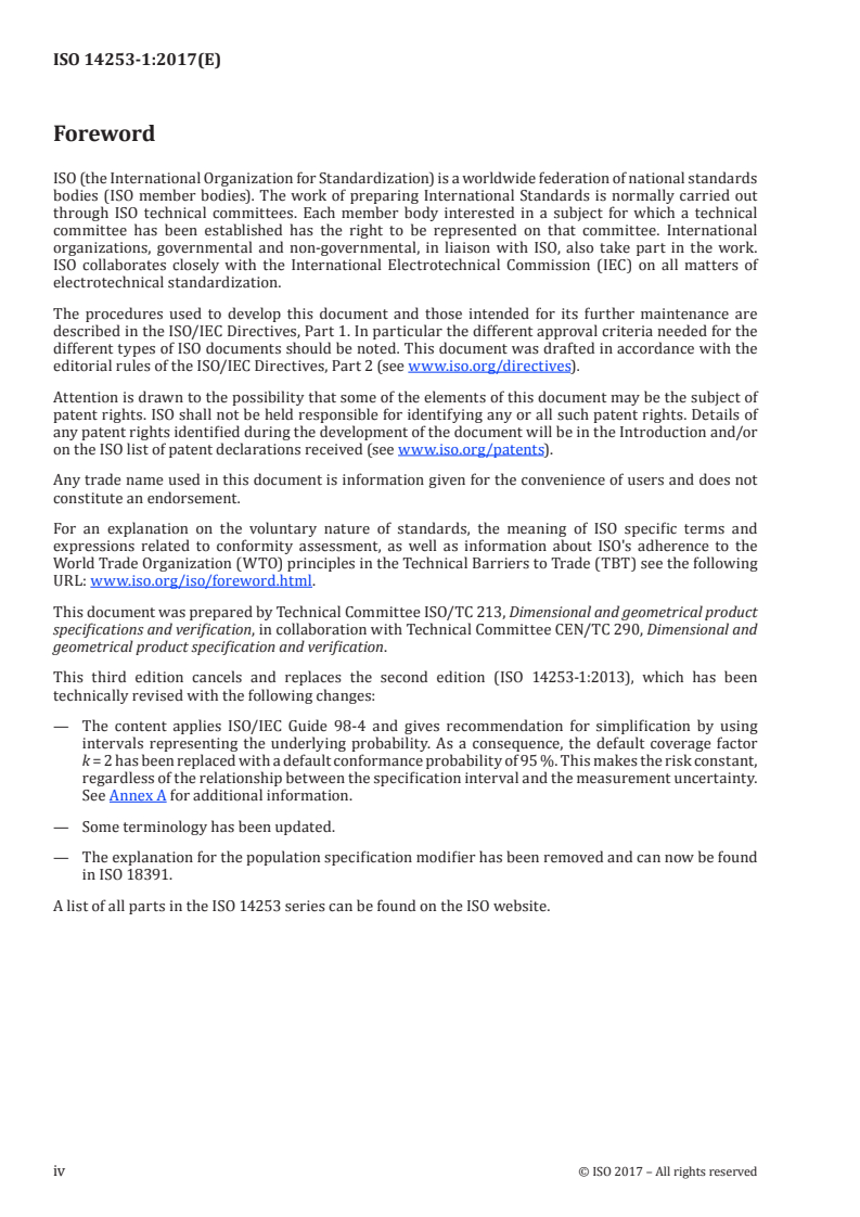 ISO 14253-1:2017 ISO 14253-1:2017 - Geometrical product specifications (GPS) — Inspection by measurement of workpieces and measuring equipment — Part 1: Decision rules for verifying conformity or nonconformity with specifications/31/2017 - Page 4 preview
