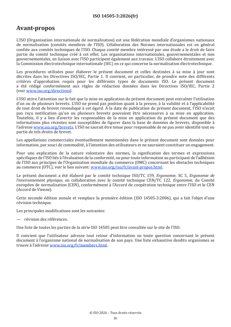 ISO 14505-3:2026 ISO 14505-3:2026 - Ergonomie des ambiances thermiques — Évaluation des ambiances thermiques dans les véhicules — Partie 3: Évaluation du confort thermique en ayant recours à des participants humains - Page 4 preview