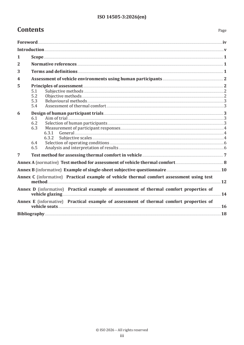 ISO 14505-3:2026 ISO 14505-3:2026 - Ergonomics of the thermal environment — Evaluation of the thermal environment in vehicles — Part 3: Evaluation of thermal comfort using human participants - Page 3 preview