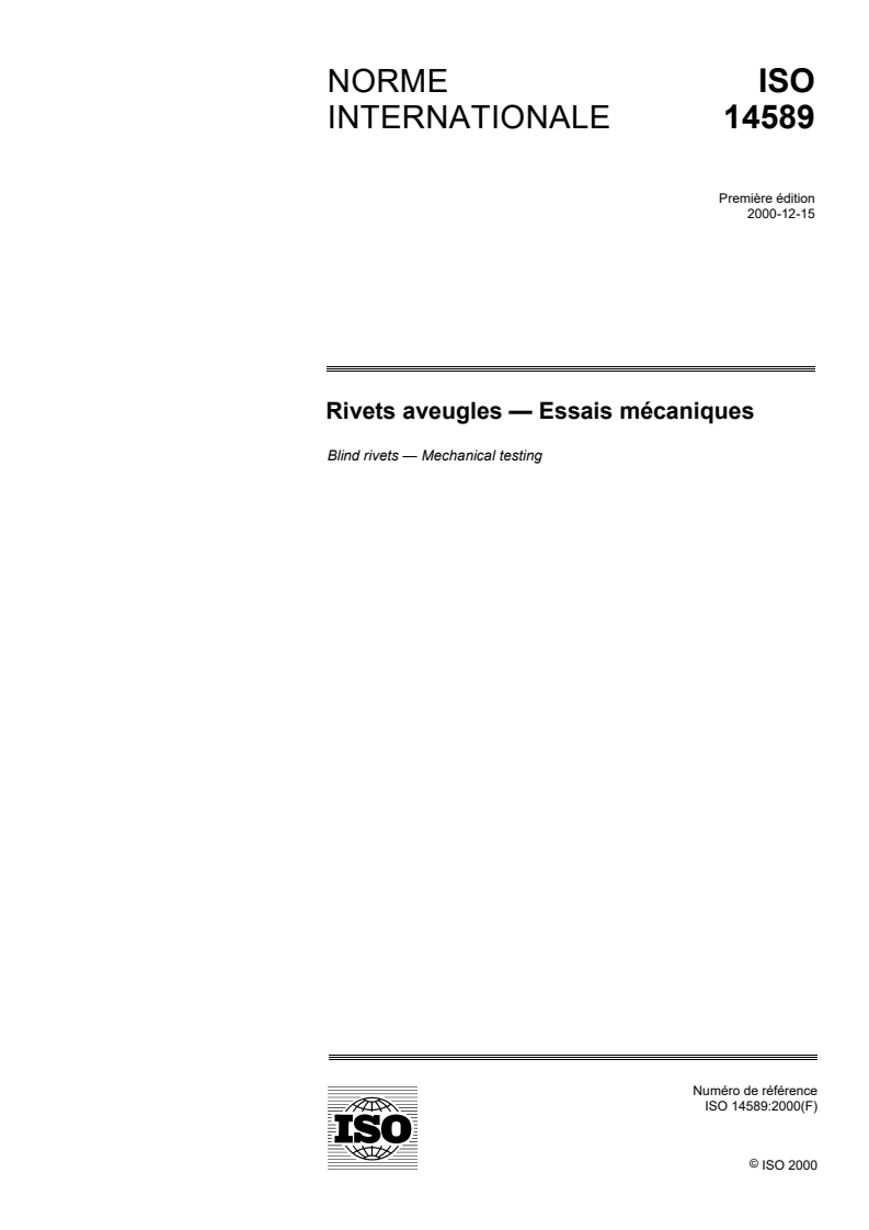 ISO 14589:2000 ISO 14589:2000 - Rivets aveugles — Essais mécaniques/21/2000 - Page 1 preview