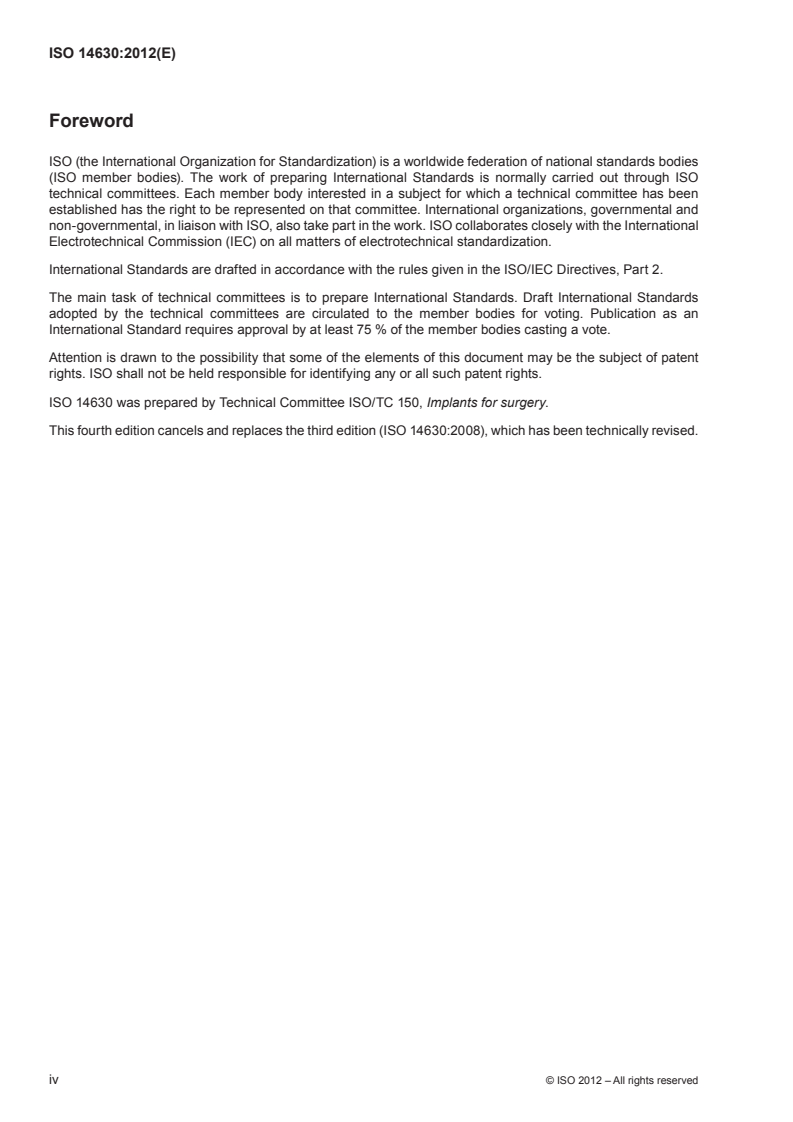 ISO 14630:2012 ISO 14630:2012 - Non-active surgical implants — General requirements/28/2012 - Page 4 preview