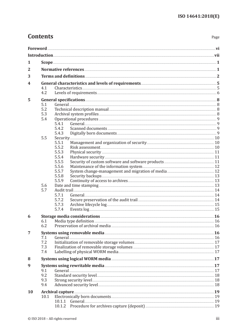 ISO 14641:2018 ISO 14641:2018 - Electronic document management — Design and operation of an information system for the preservation of electronic documents — Specifications/7/2018 - Page 3 preview