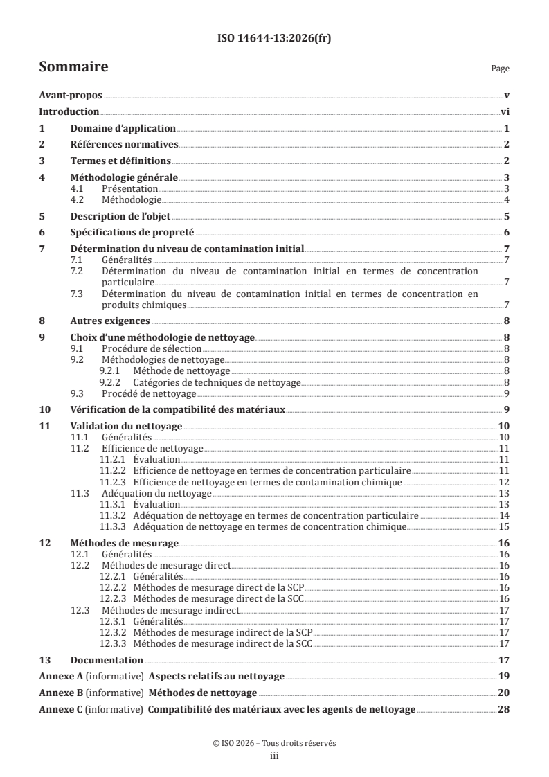 ISO 14644-13:2026 ISO 14644-13:2026 - Salles propres et environnements maîtrisés apparentés — Partie 13: Nettoyage des surfaces afin d’obtenir des niveaux de gradation de la propreté par rapport à la concentration particulaire et chimique - Page 3 preview