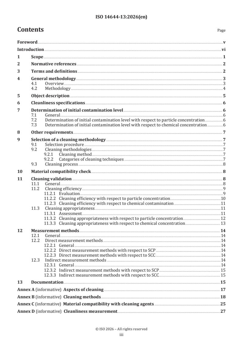 ISO 14644-13:2026 ISO 14644-13:2026 - Cleanrooms and associated controlled environments — Part 13: Cleaning of surfaces to achieve defined levels of cleanliness in terms of particle and chemical concentration - Page 3 preview