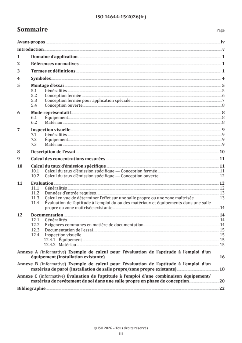ISO 14644-15:2026 ISO 14644-15:2026 - Salles propres et environnements maîtrisés apparentés — Partie 15: Évaluation de l'aptitude à l'emploi des équipements et des matériaux par la détermination de la concentration chimique aéroportée - Page 3 preview