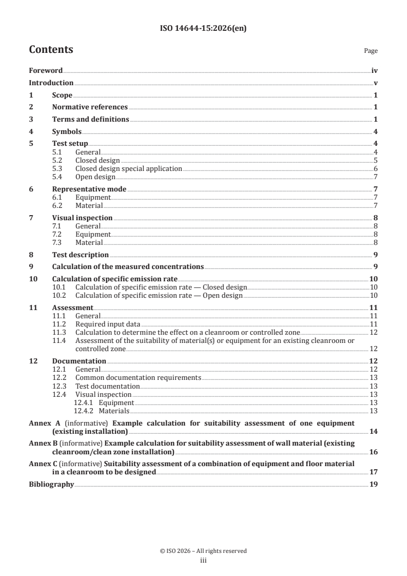 ISO 14644-15:2026 ISO 14644-15:2026 - Cleanrooms and associated controlled environments — Part 15: Assessment of suitability for use of equipment and materials by airborne chemical concentration - Page 3 preview