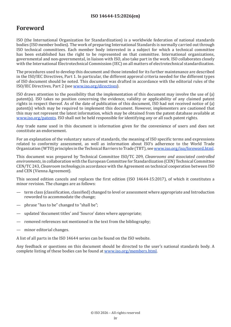 ISO 14644-15:2026 ISO 14644-15:2026 - Cleanrooms and associated controlled environments — Part 15: Assessment of suitability for use of equipment and materials by airborne chemical concentration - Page 4 preview